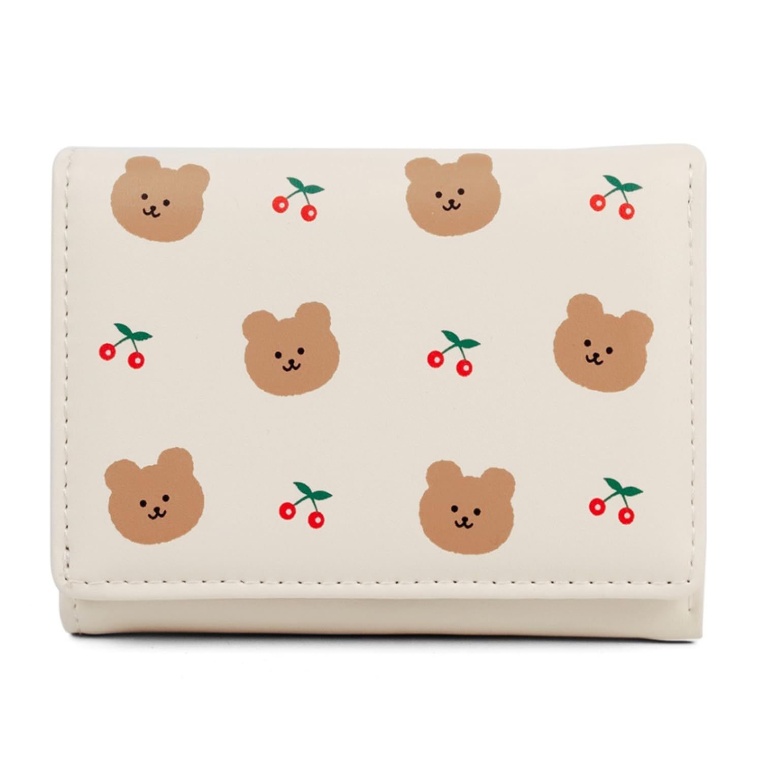 Small Tri-Fold Wallet for Women, Girls - Faux Leather Cash, Coin, Card Holder Wallets - Cute Bear and Cherry Print Mini Hand Purse (White)-image-7