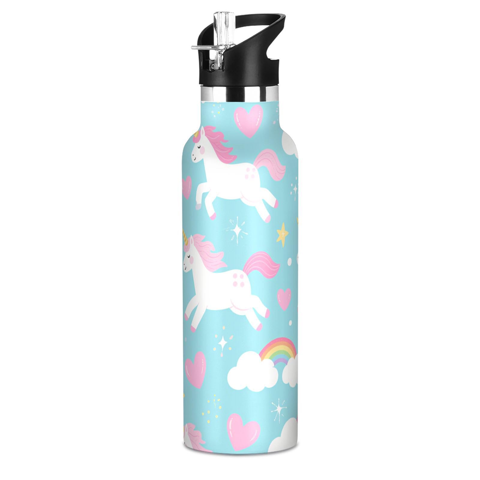 Cartoon Cute Unicorns and Rainbows Blue Background Leak Proof & BPA Free Water Bottles With Straws Leak-proof Vacuum Insulated for Water, Milk, Juice, School, Camp, Sport