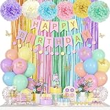 Pastel Birthday Decorations for Women Girls, Rainbow Colorful Printed Confetti Balloons Butterfly Stickers Fringe Curtain Happy Birthday Banner Circle Dots Garland Paper Pompoms Spring Party Supplies
