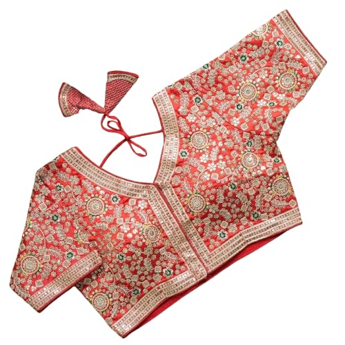 sangam prints Red Heritage Satan Silk Free Size Stitched Blouse with Traditional Embroidery Work-picture-12