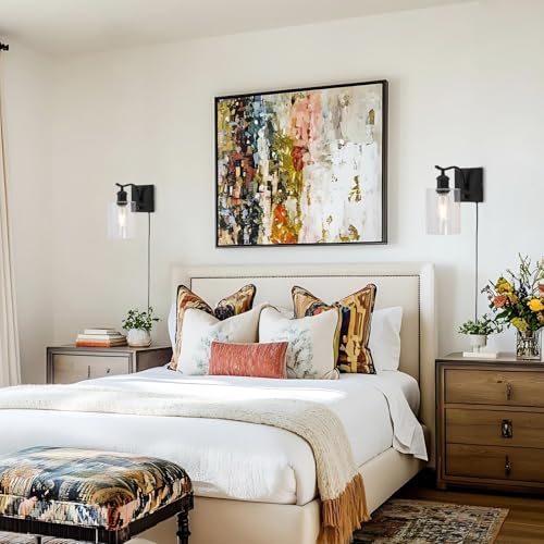 Image of Set of 2 Plug in Black Wall Sconces,Farmhouse Bathroom Wall Mount Light,Vanity Lighting Fixtures with Seeded Glass Shade,Indoor Metal Wall Lamp for Living Room Bedroom Kitchen Hallway