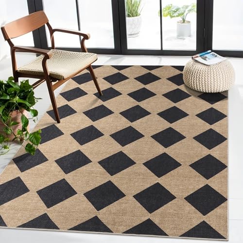 Image of Checkered Easy Jute Rug 3x5 Outdoor Entryway Rug Washable Area Rugs for Living Room Bedroom Non Slip Neutral Farmhouse Indoor Outdoor Carpet for Backyard Patio Office