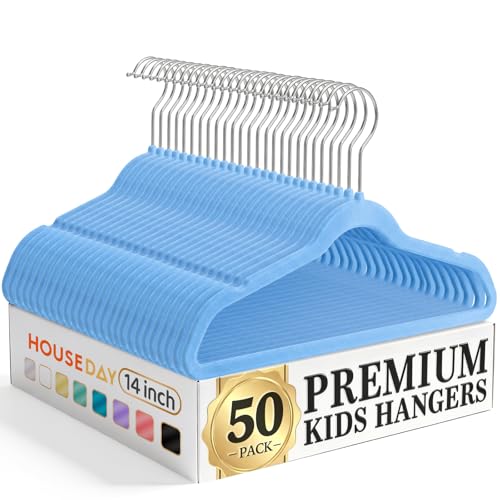 Image of HOUSE DAY 14 Inch Kids Velvet Hangers 50 Pack, Durable Big Kid Hanger Blue | Children Hangers for Youth, Teen, Non Slip Kids Felt Hanger, Cute Small Hanger for Closet, Ideal for Everyday Use