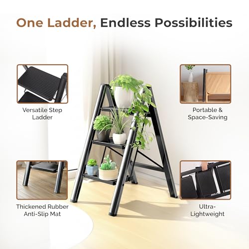 Image of HomeEssentials Foldable Ladder for Home | Heavy-Duty Steel with Large Platform | Wide Non-Slip Rubber Feet | Secure Lock Mechanism (3 Step)