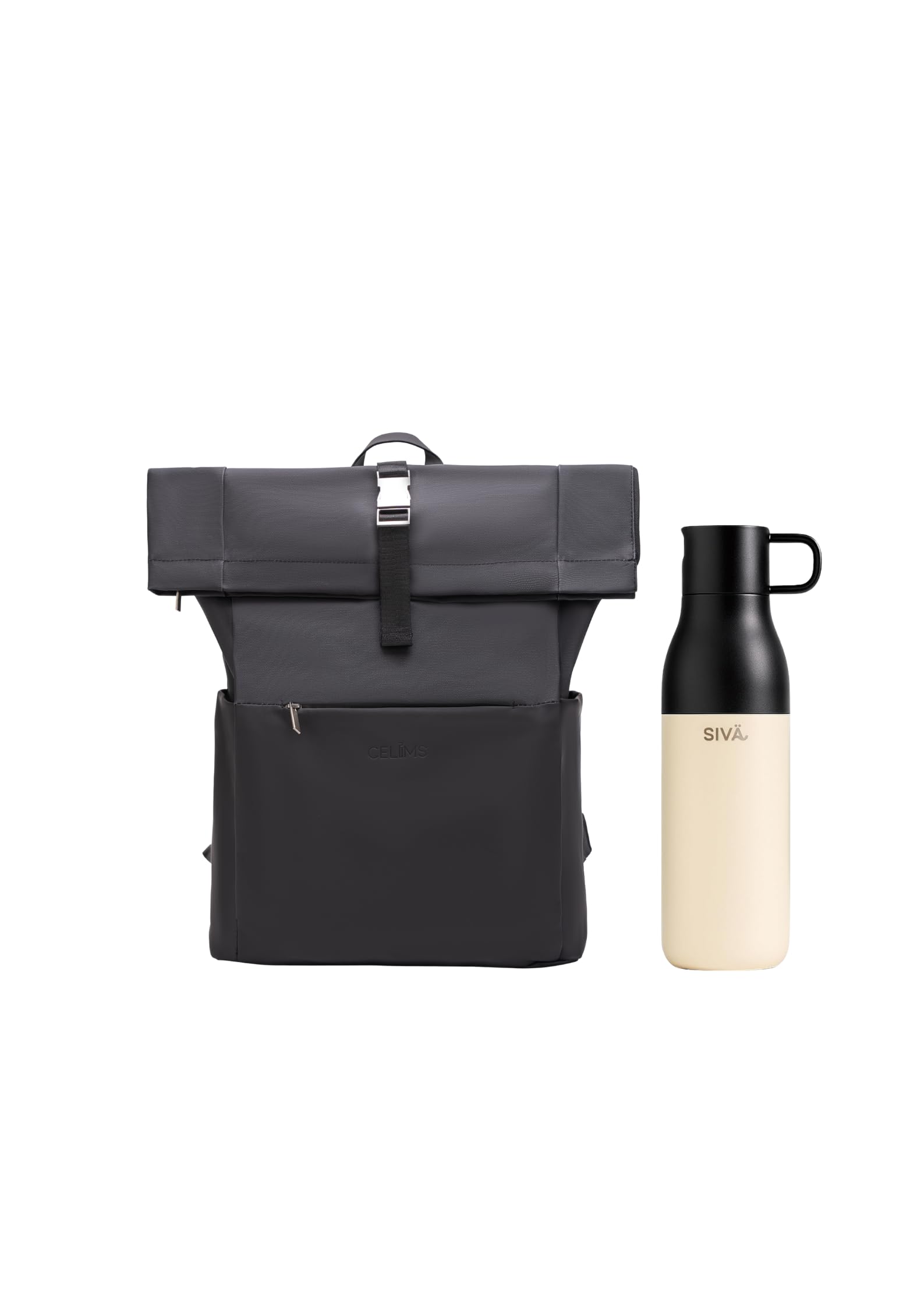 CELIMS - Roll-Top Rucksack, 40 x 30 x 20 cm | Kabinengepäck | wasserdicht & sehr robust | Trinkflasche inklusive | Schwarz