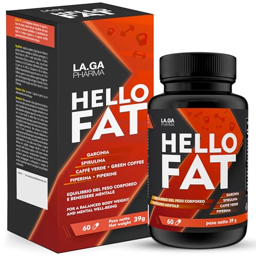 HelloFat Complemento Alimenticio Natural   Fórmula con Garcinia Cambogia, Espirulina, Tirosina y Café Verde   60 Cápsulas Vegetales