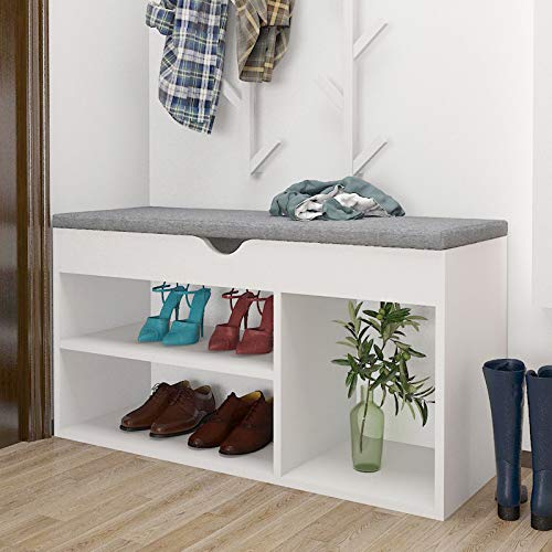 Shoe Bench Storage Seat Hall Entryway Bench Shoe Storage Rack with Seat Cushion 2 Drawers White Wooden (white1020) - Thumbnail 3