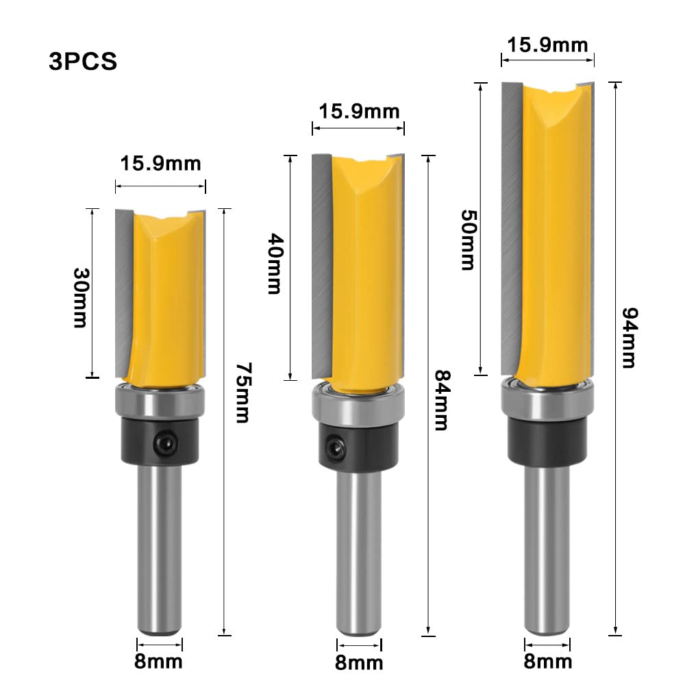 Mesee 3Pcs Fraises pour Défonceuses Fraise à Copier en 8mm Tige, Fraise à Affleurer Droite Flush Garniture Fraise Routeur Bits avec Roulement Outils de Fraisage de Menuiserie pour Couper Rainurer Bois