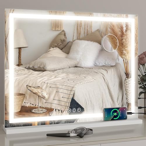 YU YUSING Specchio Trucco con Luci, 70X55cm Specchio Led Trucco USB, 3 Temperature di Colore, Specchio da Tavolo Ingrandimento10X, Specchio Cosmetico da Parete