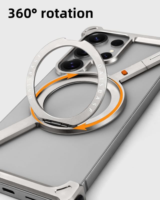 Image of Z Shaped Metal Frameless 360 Rotatable Ring Metal Bumper Case with Kickstand for Samsung Galaxy S25 Ultra Case Compatible with Wireless Charging | Luxury Aluminum Armor (Silver)