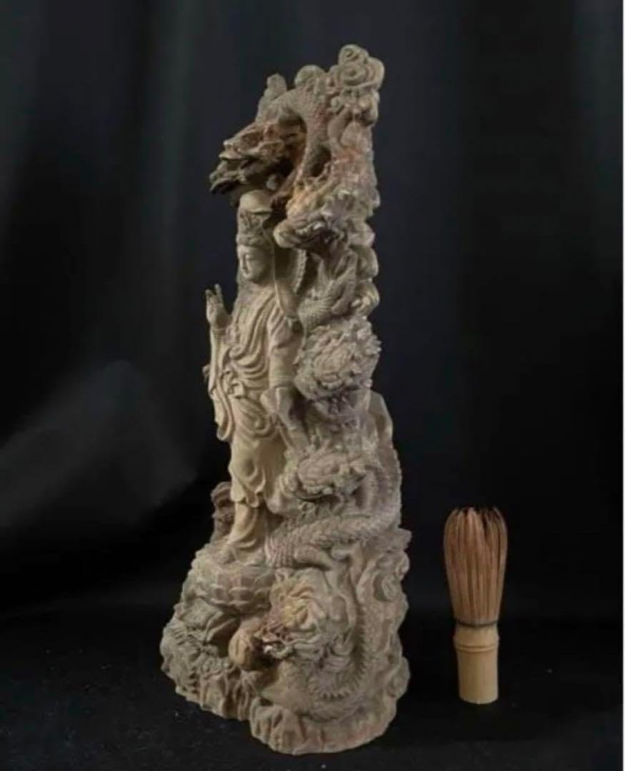 大型 高37cm 仏教工芸品 総楠製 井波彫刻 一刀彫 極上彫 九龍観音