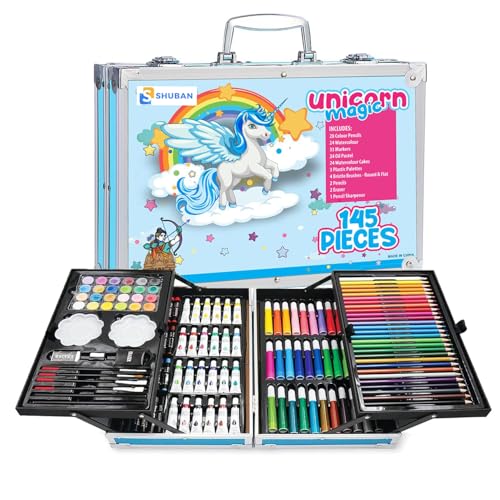 Shuban Deluxe Art Set Box & Drawing Kit with Crayons, Oil Pastels, Colored Pencil Deluxe Gift Art (145Pcs Unicorn-Blue)