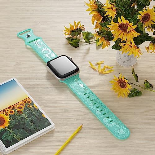 Image of Sunflower Engraved Band Compatible with Apple Watch Bands 38mm 40mm 41mm 42mm 44mm 45mm 49mm Women, Designer Soft Glossy Floral Silicone Strap for iWatch Series Ultra 11 10 9 8 7 6 SE 5 4 3 2 1