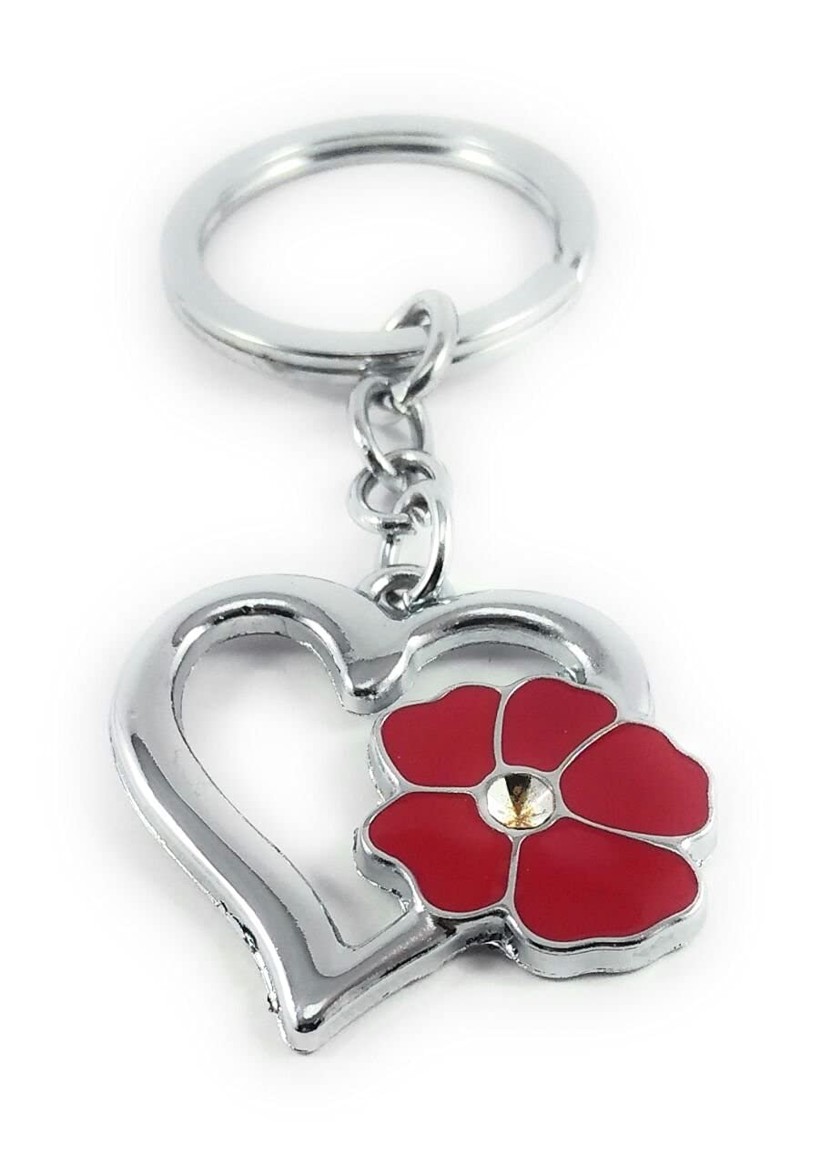 Heart Shape with Red Flower Metal Keychain (Silver)-picture-18