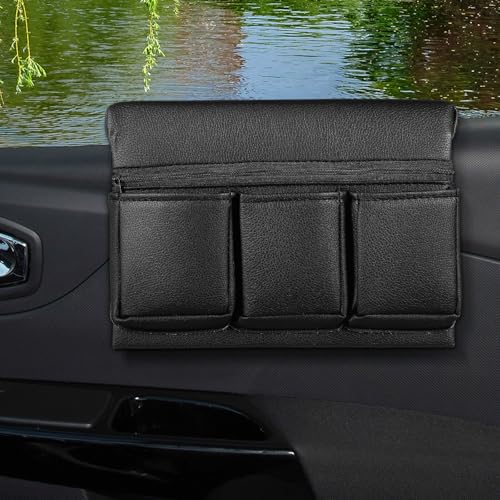 Reposabrazos de coche Housoutil con almacenamiento extra y funda lavable de cuero negro 5