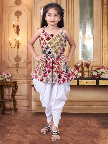 Image of Girls Ethnic Printed Peplum Top and White Dhoti Pant Set | Stylish Sleeveless Kurti with Comfortable Bottom | Traditional Festive Outfit for Kids
