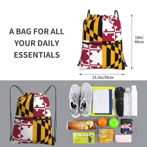 Drawstring Backpack Zipper String Maryland State Flag Bag For Outdoor Leisure Yoga Gym Swimming Travel Fitness Sports, Black4