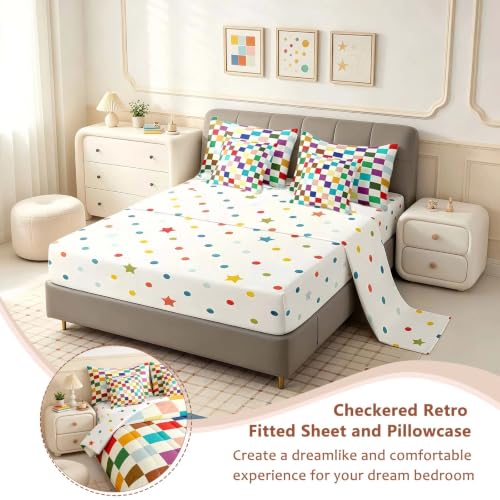 Image of Feelyou Colorful Checkered Retro 7 Piece Bedding Set Kids Boys Girls Modern Geometric Cute Comforter Set with Sheets Full Size Beige Colorful Bed in a Bag Vintage Simple Groovy Aesthetic Room Decor