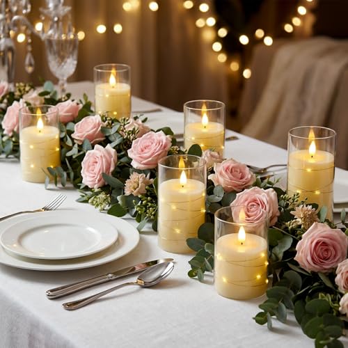 Image of Amagic LED Flameless Candles, Battery Operated Candles with Embedded Fairy Lights, Acrylic Fake Candles with Remote and Timer for Wedding Home Decor, Ivory White, Set of 6, D3 x H4 5 inch 6 inch