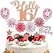 Conruich Topper di Compleanno 16 anni Bambina, Cake Topper Happy Birthday Oro Rosa, Glitter Deco Torta Palloncini Coriandoli e Ventaglio di Carta per Decorazione Festa 16 Compleanno