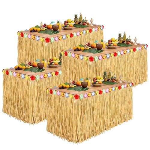 Lot de 4 Hawaïenne Jupes de Luau Table, Décoration de Fête Hawaïenne, Décoration de Fête Luau,Tropical Anniversaire Décoration avec des Fleurs pour les...
