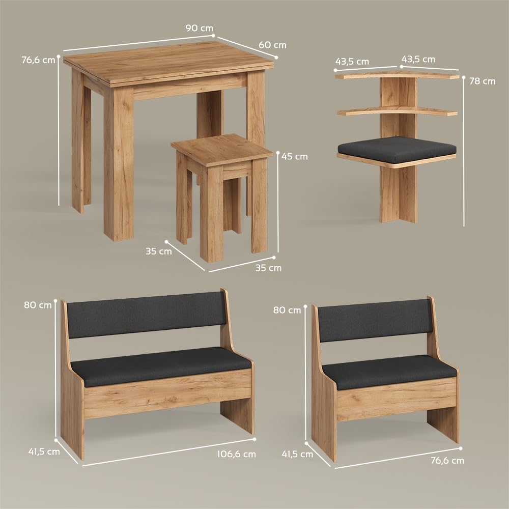 Livinity Conjunto con Banco esquinero Tiberio, Roble Dorado, 150 x 120 cm con Mesa
