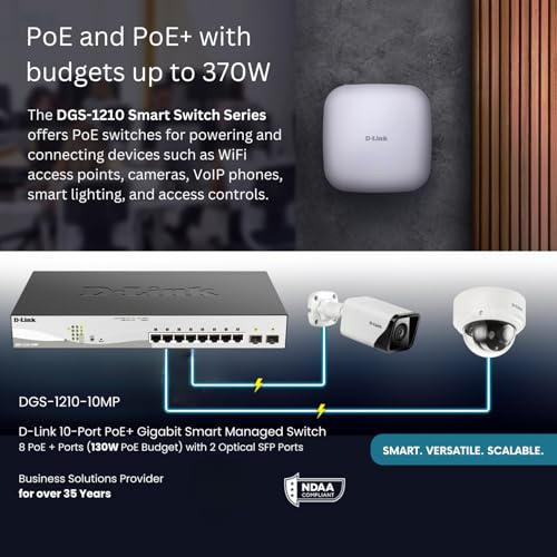 Image of D-Link 10-Port Gigabit Smart Managed PoE+ Switch | 8 PoE+ Ports (130W) + 2 SFP Ports | L2+ | VLANs | Web Managed | Surveillance Mode | Desktop or Rackmount | Fanless | NDAA Compliant DGS-1210-10MP