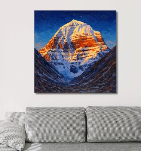 Image of Kunj Cart Mount Kailash Painting | 10+ DESIGNS | Kailash Parvat Canvas Painting for Living Room, Temple Home & Office Wall Decoration (Kailash Mountain Painting, 12x12 Inch, Framed)