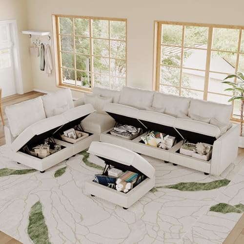 Image of LLappuil Modular Sectional Sofa with Storage, L-Shaped 7-Seat Corduroy Couch with 6 Throw Pillows, Pet-Friendly Convertible Sofa for Living Room & Apartment, Skin-Friendly, Beige