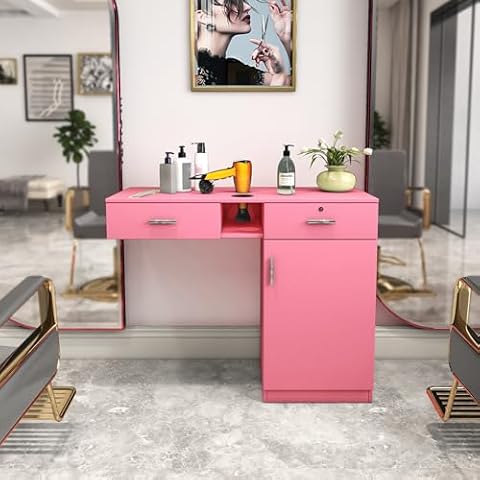 HyorecyTech Wall Mounted Barber Shampoo Station Storage Cabinet Salon Beauty Spa Equipment for Barber Salon Shop (Barber Salon Styling Station - Pink) Cover