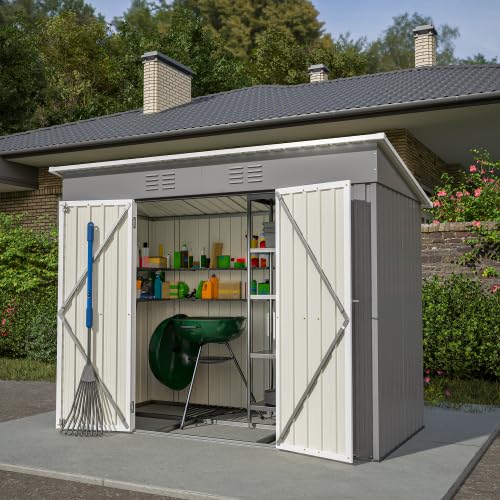 Caseta de jardín de metal, 8 x 4 pies (aprox. 2,4 x 1,2 m), resistente a la intemperie, con cerradura con base de metal, para exteriores, terraza, bicicletas y herramientas de jardín, color gris