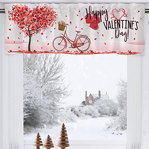 Hawskgfub Happy Valentine’s Day Heart Tree Bike Kitchen Curtains Valance 54X18, Red Valentines Bicycle Window Topper Rod Pocket, Wedding Anniversary Farmhouse Home Living Room Bedroom Bathroom Decor #TOP15
