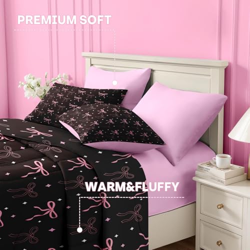 Image of Nesker Bow Comforter Set Queen Size, 7 Pieces Bed in a Bag, Pink Black Bow Bedding Set for Girls, Cute Bowknot Comforter Set with 2 Pillowcase & 2 Sham
