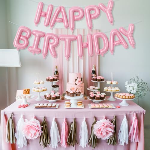 Image of Pink Happy Birthday Balloon Banner, 16 Inch Pastel Pearl Baby Pink Self Inflating Happy Birthday Mylar Foil Balloon, Birthday Bunting Banner Letter Balloons for Girls Women Birthday Party Decorations