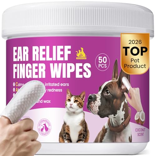 Pet Ear Cleaning Finger Wipes for Dogs & Cats - Dog Ear Cleaner with Aloe Coconut Oil & Ginseng - Finger Dog Ear Wipes to Relieve Ear Itching Infections Wax & Smelly Ears - 50 Ct - Coconut Scent