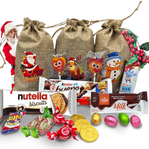 Pack Chocolates y Chuches Navidad - 3 x Bolsas de Lino con Kinder Bueno, Kinder Navidad Happy Hippo y + 15 Chocolates y Chuches de Navidad para Niños - Perfecto para Regalar en estos Reyes Magos