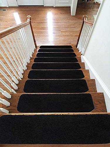 emmahome Soft Shaggy Carpet Stair Treads/Mats/Rugs NON-SLIP MACHINE WASHABLE, 30mm Thickness, 20x55cm (13pc in Box, Black)