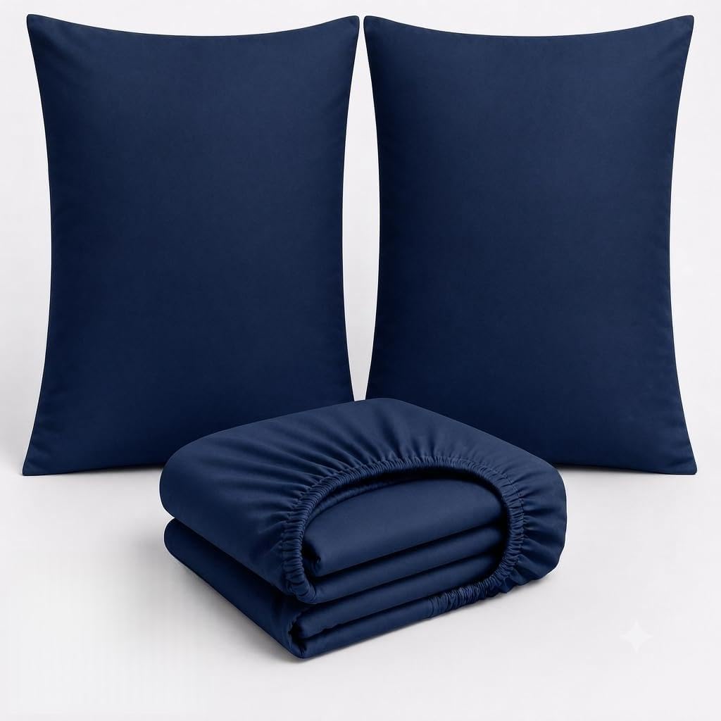 3 Piece Cotton Bedding Set UK – 200 Thread Count Deep Fitted Sheet 25cm with 2 Pillowcases, Soft Breathable Hotel Quality Bed Linen, Elasticated, Navy Blue, Double