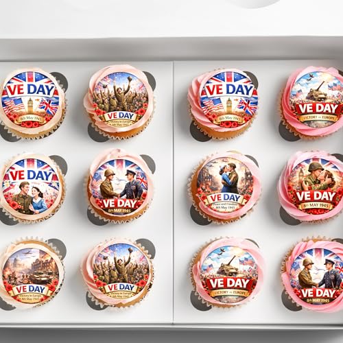 Pre-Cut VE Day Celebration Party Cupcake Toppers x 24