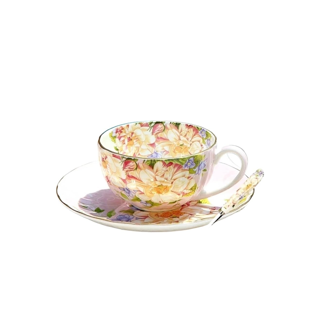 Duże ceramiczne kubki do kawy, Zestaw kubków do kawy i herbaty ze spodkiem łyżeczką, wielokolorowy, 200-300 ml(Blu)