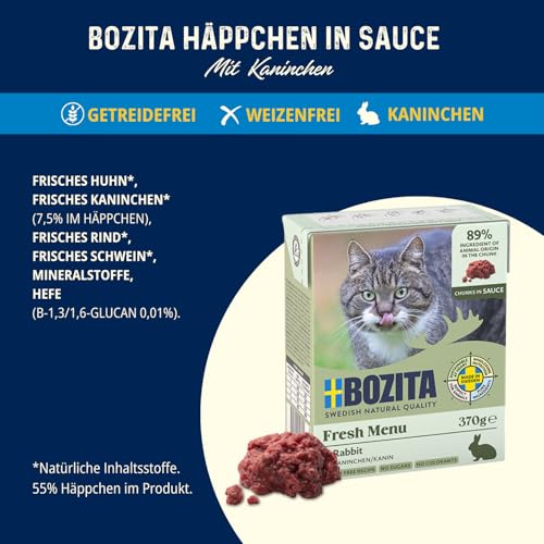 Bozita Tetra Häppchen mit Kaninchen in Sauce – 6x370g getreidefreies Katzenfutter ohne Zuckerzusatz – mit 7,5% Protein, 5% Fett – besonders feiner Fleischgeschmack & gentechnikfrei