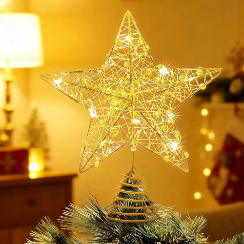 Christmas Tree Topper Lighted with LED Light, Christmas Star Tree Topper Built-in 10 LED Rotating Lights,3D Glitter Dynamic Projector for Christmas Decorations (Gold)