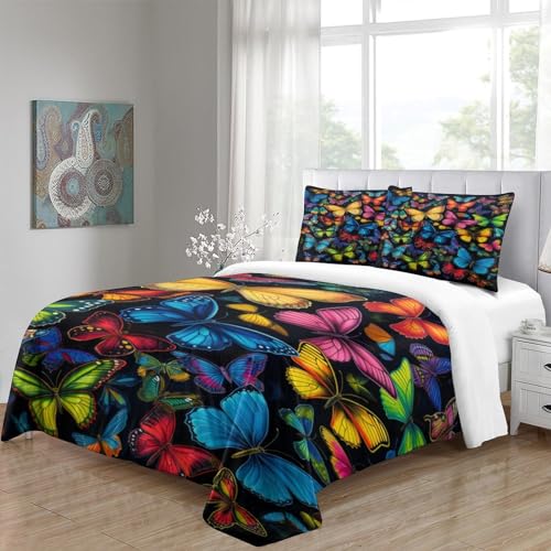 Housse de couette papillon coloré parure de lit 3 pièces microfibre