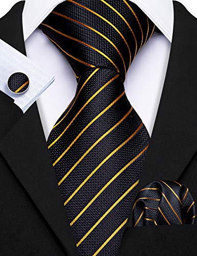 Image of Barry.Wang Tie Sets for Men Silk Stripe Necktie Woven Checkered Handkerchief Cufflinks Formal Business Wedding