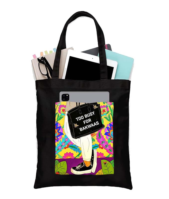 Image of Black Tote Bag With Pocket Printed Designed Canvas Tote Bags For Women large capacity,Tote bag For Shopping, College, Travel, More Canvas Handbag For Unisex Bag