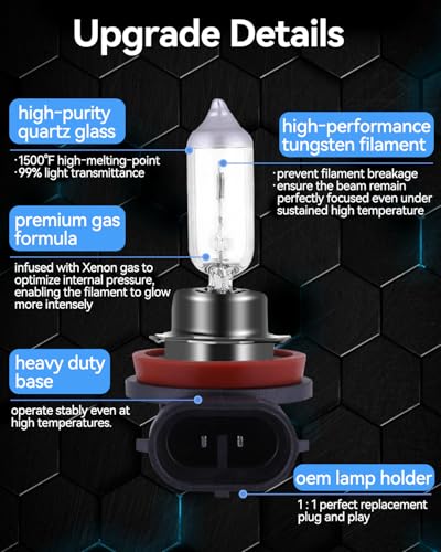 Image of NEWBROWN H11 Headlight Bulb 200% brightness 4300K White 12V /55W H11 Bulb Halogen Long Life Replacement PGJ19-2 (H11, 2 Pack)
