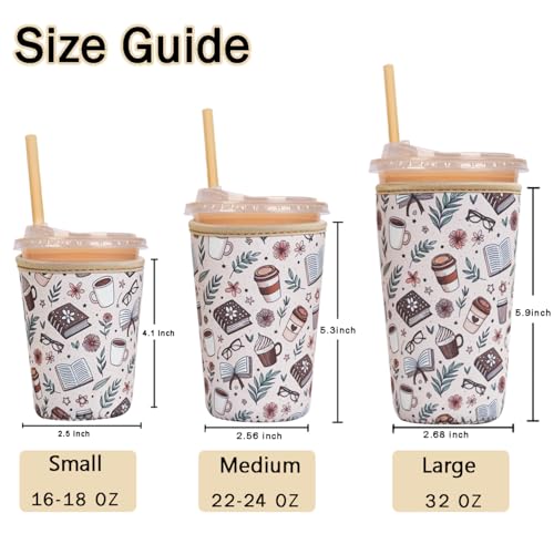 Image of Reusable Insulated Sleeve for Iced Coffee Cup, 3-Pack Coffee Neoprene Drink Sleeve for Cold & Hot Drinks, Beverage Holder for Iced Coffee (Cafe Books)