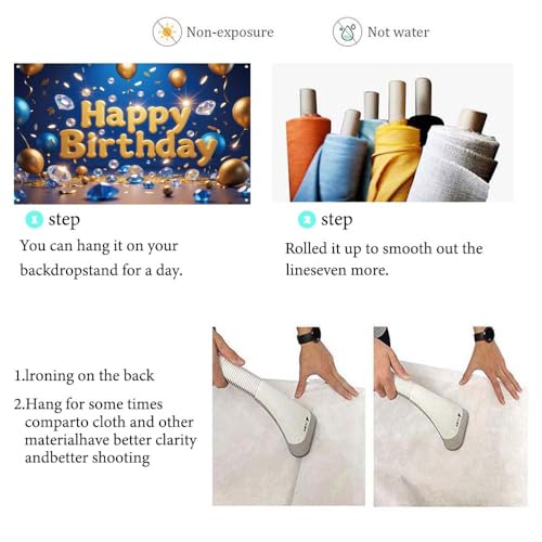 Image of Happy Birthday Backdrop Birthday Party banner | Blue Gold Birthday Banner for Women Boys Girls 71x43.3in Reusable Birthday Background