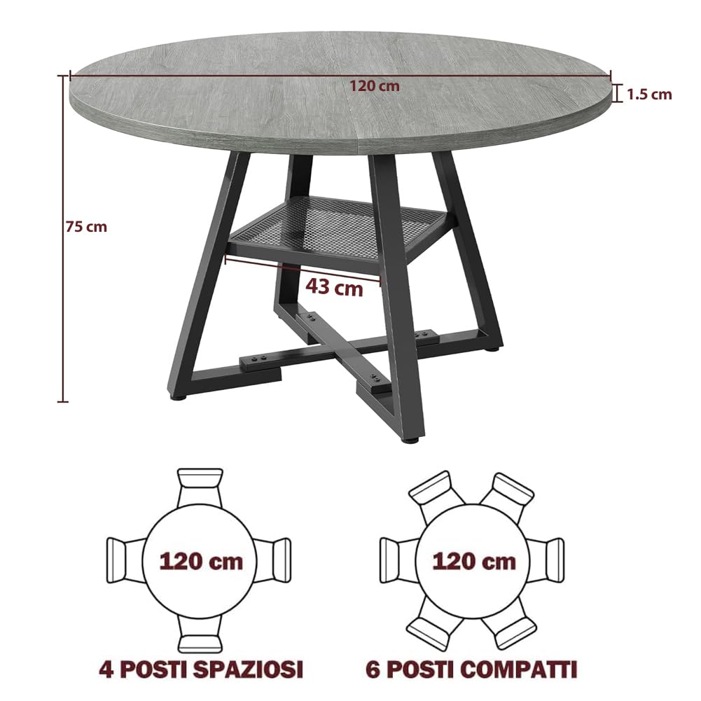 Shally Dogan Tavolo Rotondo per Sala da Pranzo e Cucina Diametro 120cm, Gambe in Metallo con Ripiano Portaoggetti Inferiore e Piano in Legno, Ideale per Casa e Ufficio, Grigio
