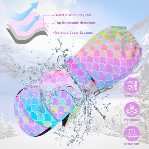Kids Winter Mittens Waterproof Snow Ski Gloves for Girls, Warm Sherpa Lined Long Cuff Snowboard Gloves3